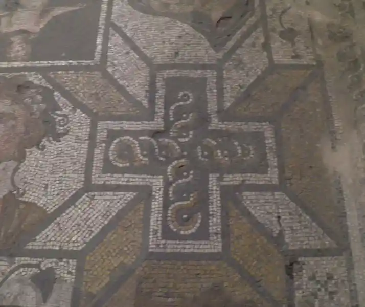 Floor mosaic, cross with sun rays and spiral design